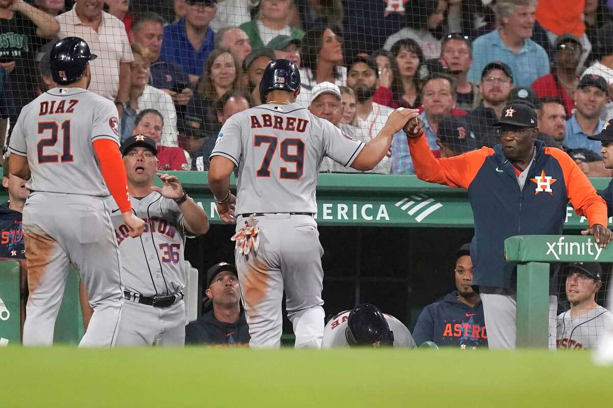 Houston Astros pitcher Ryan Pressly (55) celebrates with catcher Martin  Maldonado after the Astros defeated the Boston Red Sox in a baseball game  Wednesday, Aug. 30, 2023, in Boston. (AP Photo/Steven Senne