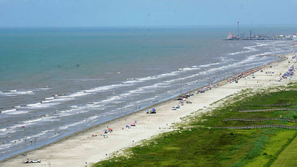 The water in the Gulf of Mexico appears bluer then usual off of East Beach on Sat. June 24, 2023 in Galveston.