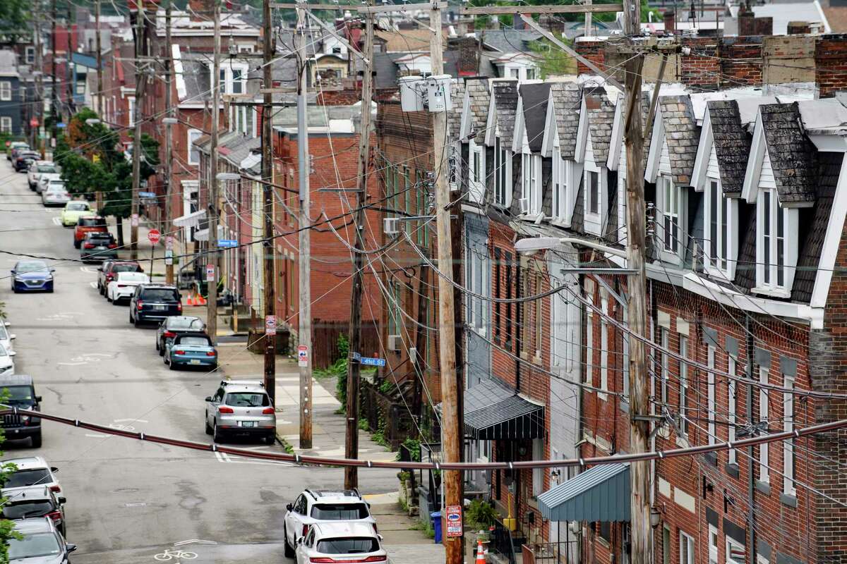 Aerial view of Pittsburgh, Pennsylvania, with a focus on the