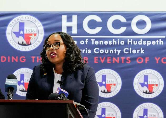 Harris County Clerk Teneshia Hudspeth speaks during a join press conference between the Harris County Clerk's Office and Harris County Tax Assessor-Collector's Office at NRG Arena, Friday, Sept. 1, 2023, in Houston. Texas Senate Bill 1750 went into effect on September 1, abolishing the Harris County Election Administrator's Office and returning election management to the County Clerk and voter registration to the Tax Assessor-Collector's Office.