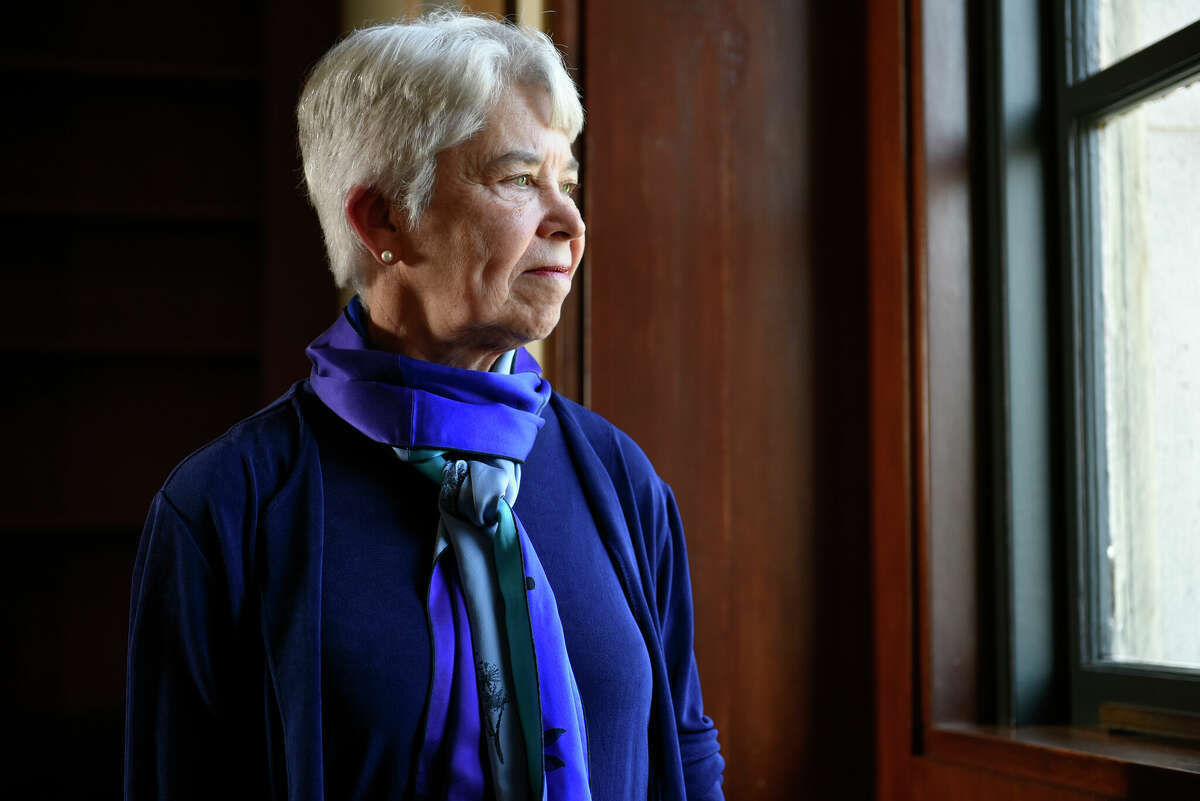 UC Berkeley Chancellor Carol Christ poses for a portrait in her office at California Hall on the Cal campus in 2017.