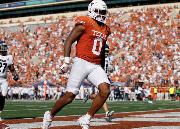 Ja'Tavion Sanders #0 of the Texas Longhorns scores a touchdown in the third quarter against the Rice Owls at Darrell K Royal-Texas Memorial Stadium on September 02, 2023 in Austin, Texas. (Photo by Tim Warner/Getty Images)