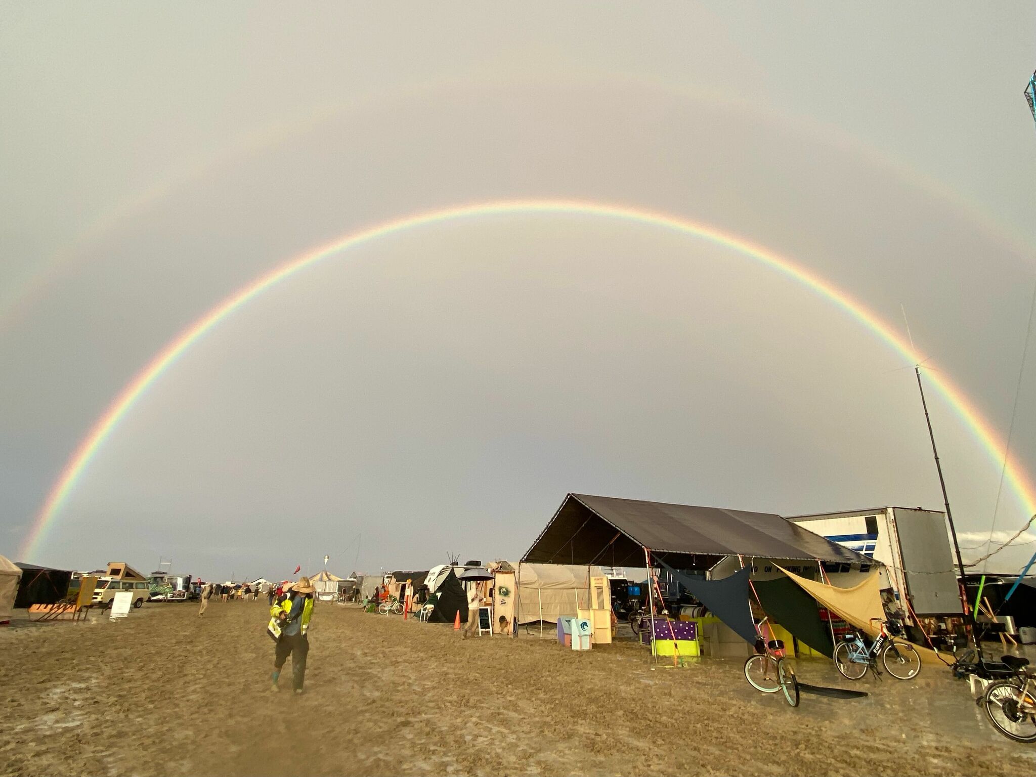 Double rainbow lifts some spirits out of the mud at Burning Man