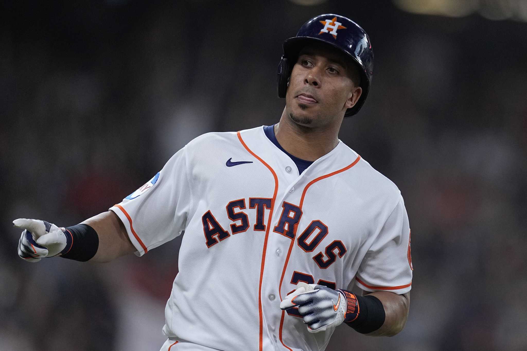 New York Yankees' Aaron Judge reacts after striking out to Houston Astros  relief pitcher Bryan Abreu during the eighth inning of a baseball game,  Saturday, Sept. 2, 2023, in Houston. (AP Photo/Kevin