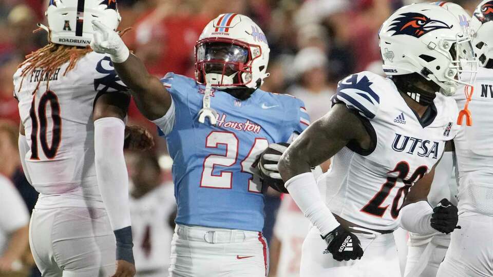 Houston Cougars running back Tony Mathis Jr. (24) reacts after picking up a first down during the fourth quarter of an NCAA college football game at TDECU Stadium, Saturday, Sept. 2, 2023, in Houston.