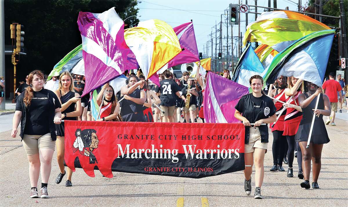 Members of the Granite City High School Marching Warriors were the only band in the Labor Day parade this year.