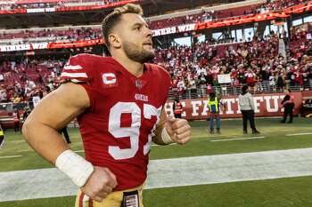 San Francisco 49ers linebacker Fred Warner (54) celebrates after the 49ers  defeated the Miami Dolphins in an NFL football game in Santa Clara, Calif.,  Sunday, Dec. 4, 2022. (AP Photo/Godofredo A. Vásquez