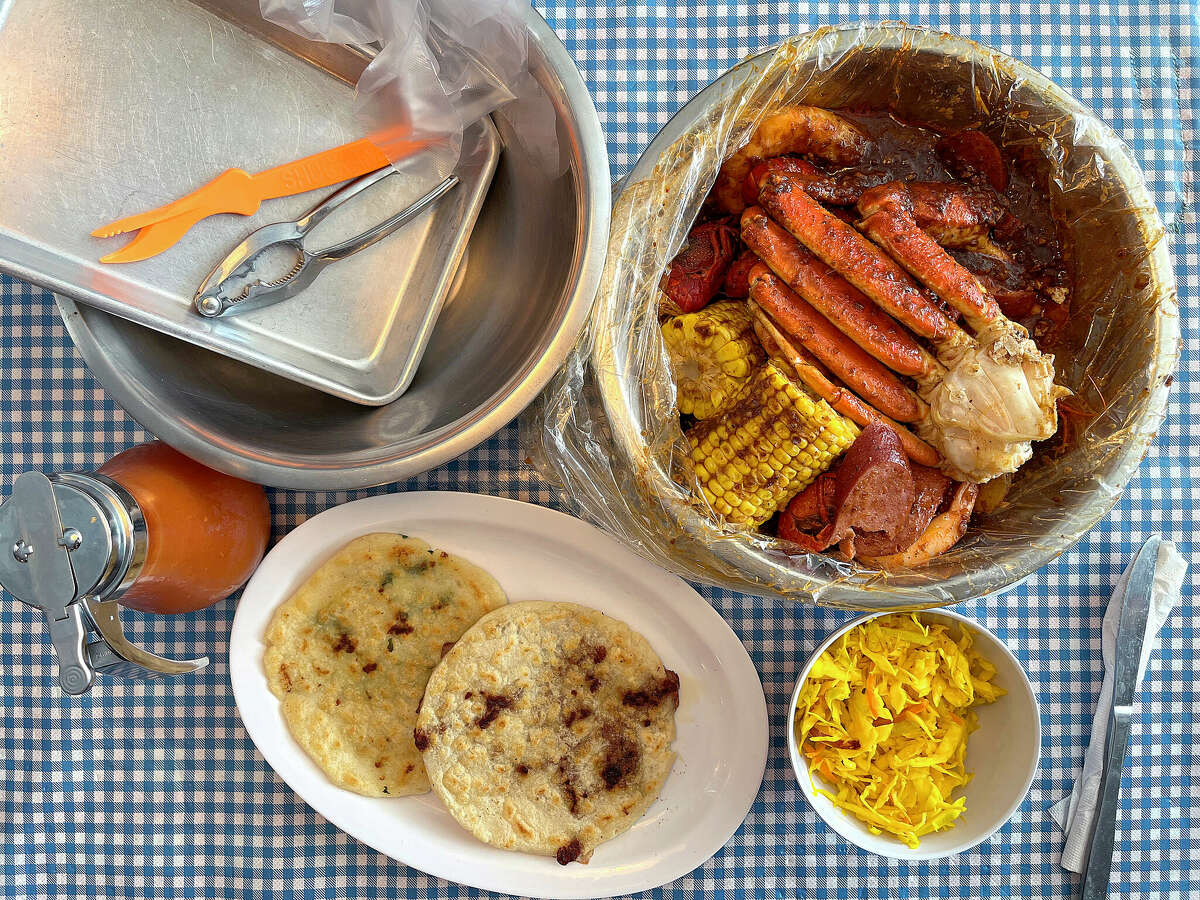 Pupusas and a mixed seafood boil from Pupuseria Romero & Seafood Boil