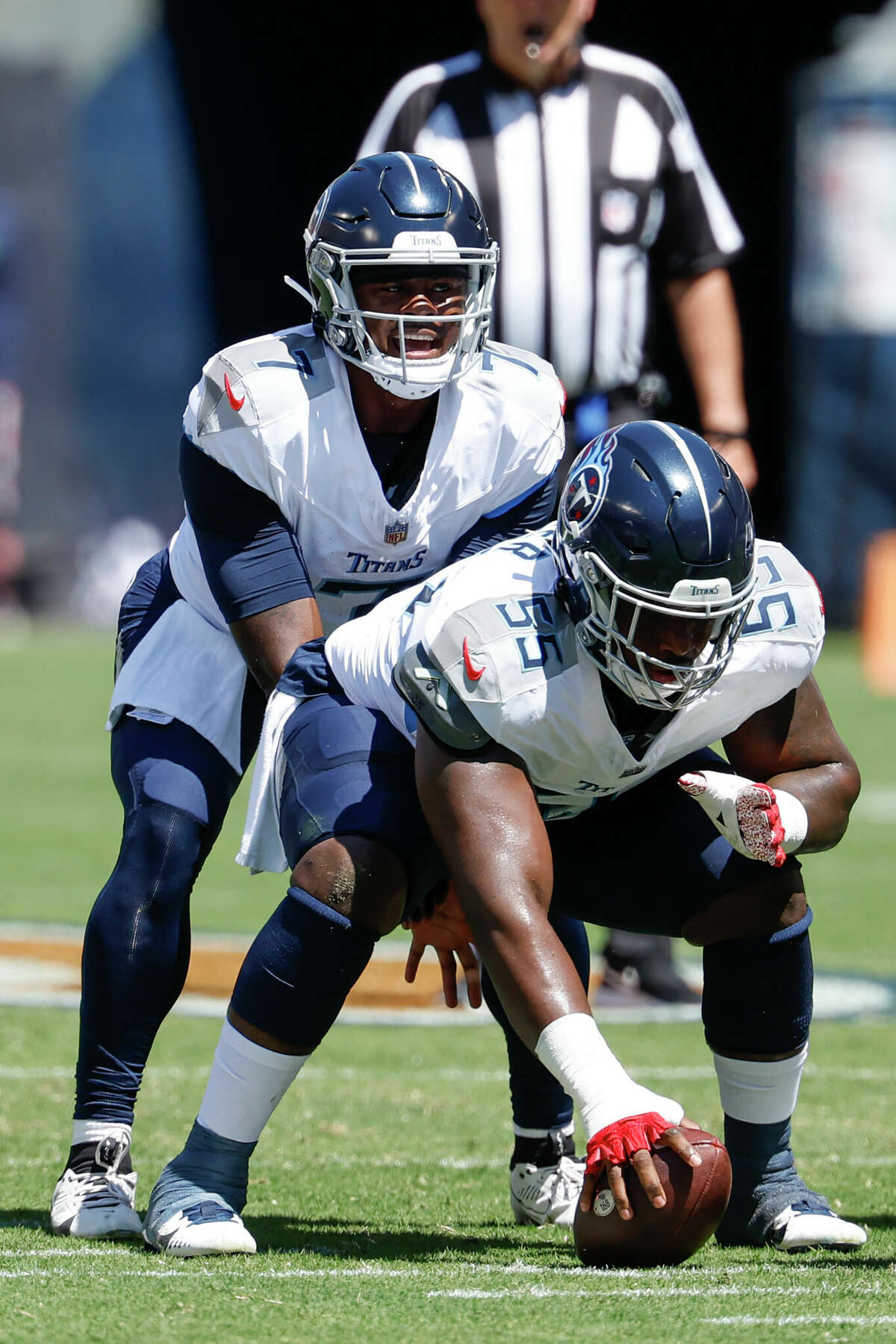 Tennessee Titans guard Aaron Brewer (55) after an NFL football