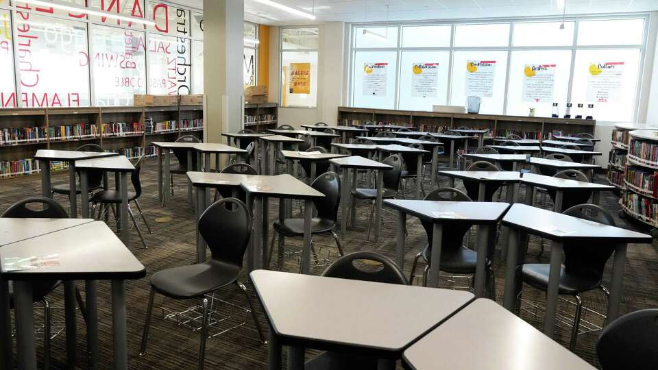 A Audrey H. Lawson Middle School team center is photographed Wednesday, Sept. 6, 2023 in Houston. The school transformed its media center to a team center. The principal said the students can still check out books from the team center.