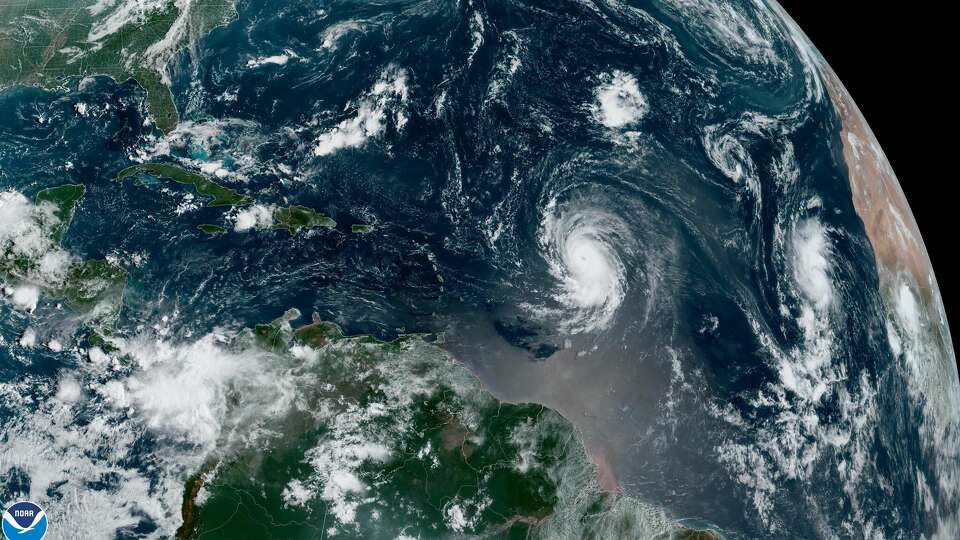 Hurricane Lee as seen from the Geostationary Operational Environmental Satellite, or GOES, on Sept. 7. Lee is forecast to become a major hurricane as it moves north and west through the upcoming weekend.