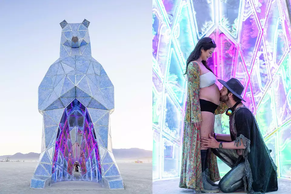 Инга Бейлер и Эрик Шаннинг в студии Джен Левин «The Ursas» на фестивале Burning Man 2023 в пустыне Блэк-Рок в Герлахе, штат Невада.