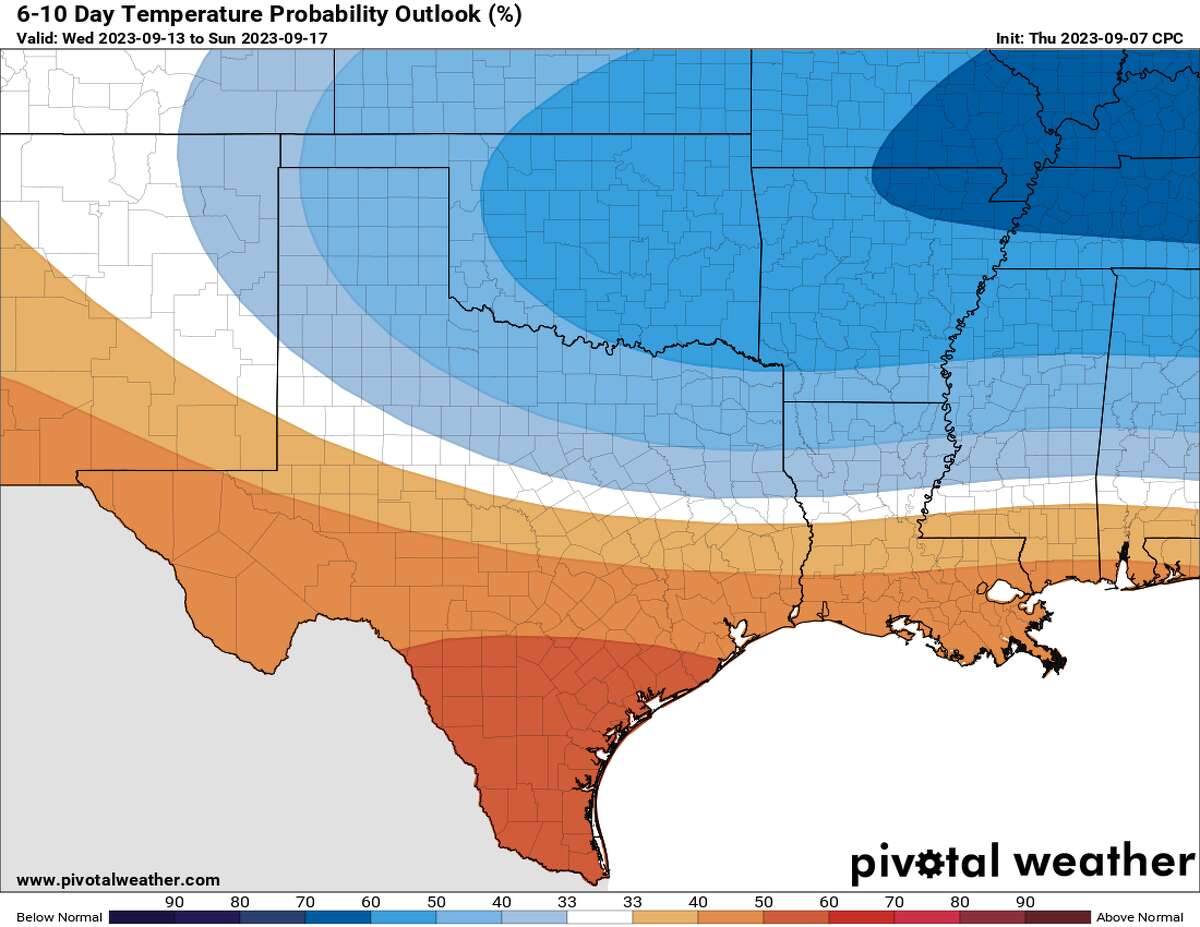 Temperatures could drop over the next week, even in Southeast Texas. The coldest weather is likely to remain in North Texas. Blue on this map indicates places where temperatures are likely to be below average.