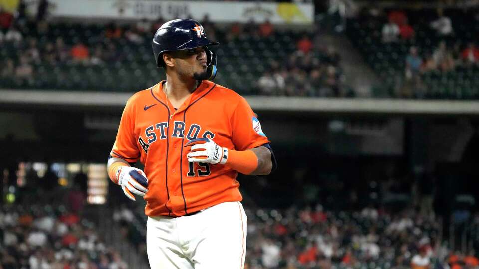 Houston Astros Martin Maldonado (15) reacts after flying out to end an MLB baseball game at Minute Maid Park on Friday, Sept. 8, 2023 in Houston. Astros lost 11-2.