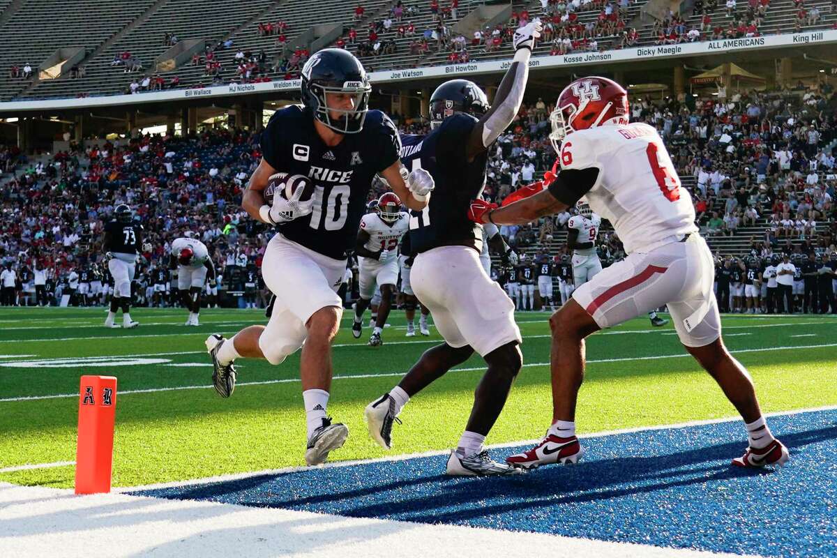 Rice Owls wide receiver Luke McCaffrey (10) scores a touchdown during the first quarter of an NCAA college football game at Rice Stadium, Saturday, Sept. 9, 2023, in Houston.