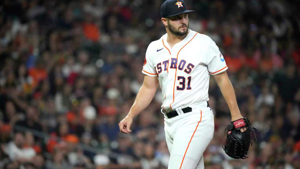 Houston Astros relief pitcher Kendall Graveman (31) reacts after walking San Diego Padres Trent Grisham to load the bases during the sixth inning of an MLB baseball game at Minute Maid Park on Saturday, Sept. 9, 2023 in Houston.