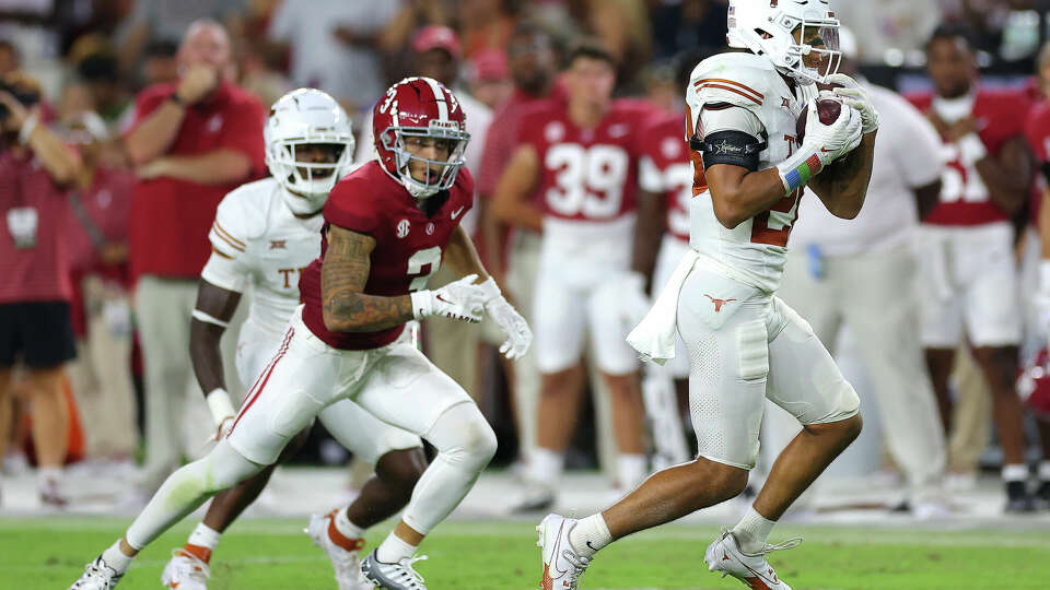 TUSCALOOSA, ALABAMA - SEPTEMBER 09: Jerrin Thompson #28 of the Texas Longhorns intercepts the ball during the fourth quarter against the Alabama Crimson Tide at Bryant-Denny Stadium on September 09, 2023 in Tuscaloosa, Alabama. (Photo by Kevin C. Cox/Getty Images)