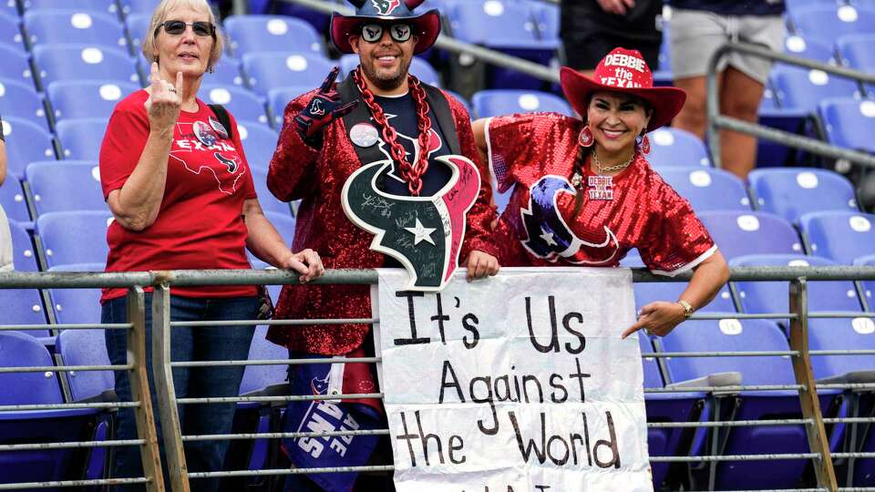 Houston Texans fans watch warm ups before an NFL football game against the Baltimore Ravens Sunday, Sept. 10, 2023, in Baltimore.