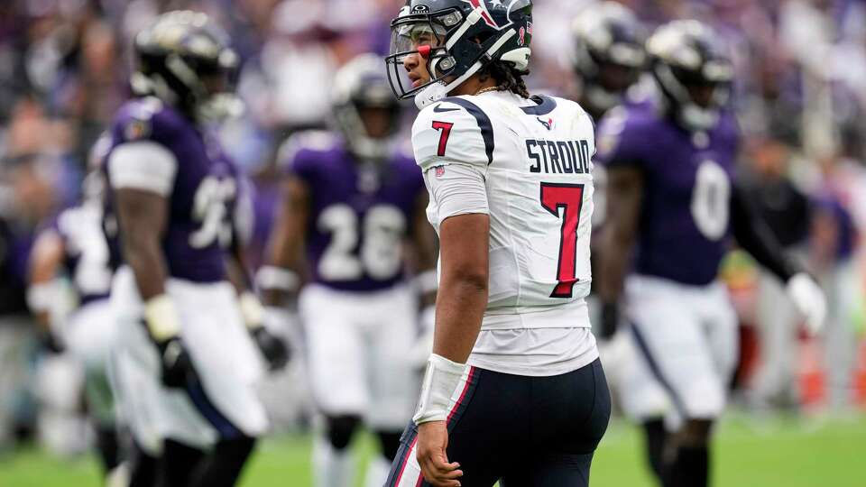 Houston Texans quarterback C.J. Stroud (7) walks back to the huddle during the second half of an NFL football game Sunday, Sept. 10, 2023, in Baltimore.