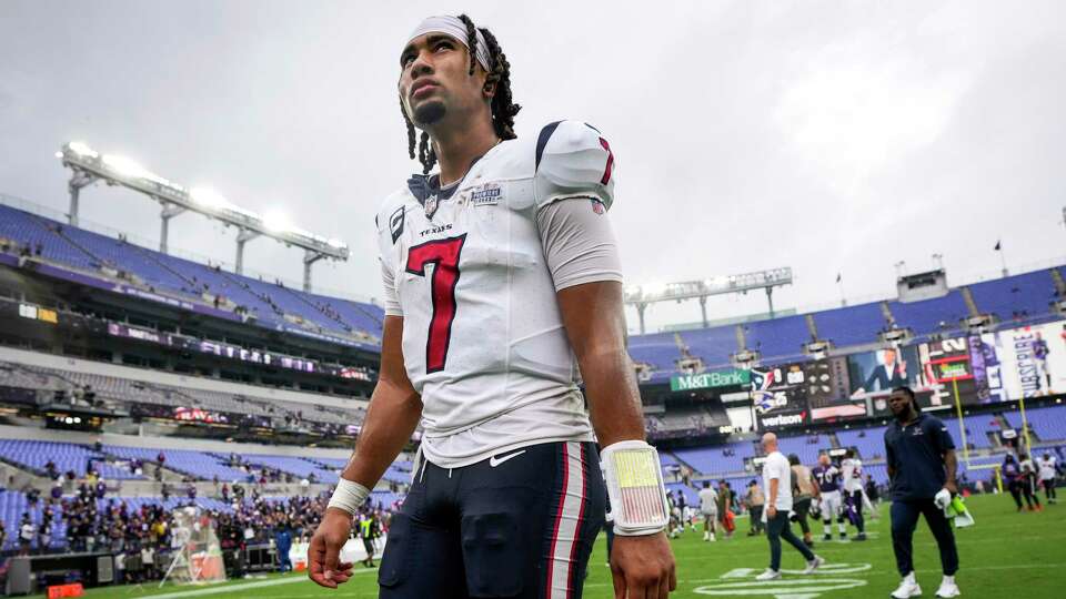 Houston Texans quarterback C.J. Stroud (7) walks off the field after the Texans 25-9 loss to the Baltimore Ravens in an NFL football game Sunday, Sept. 10, 2023, in Baltimore.