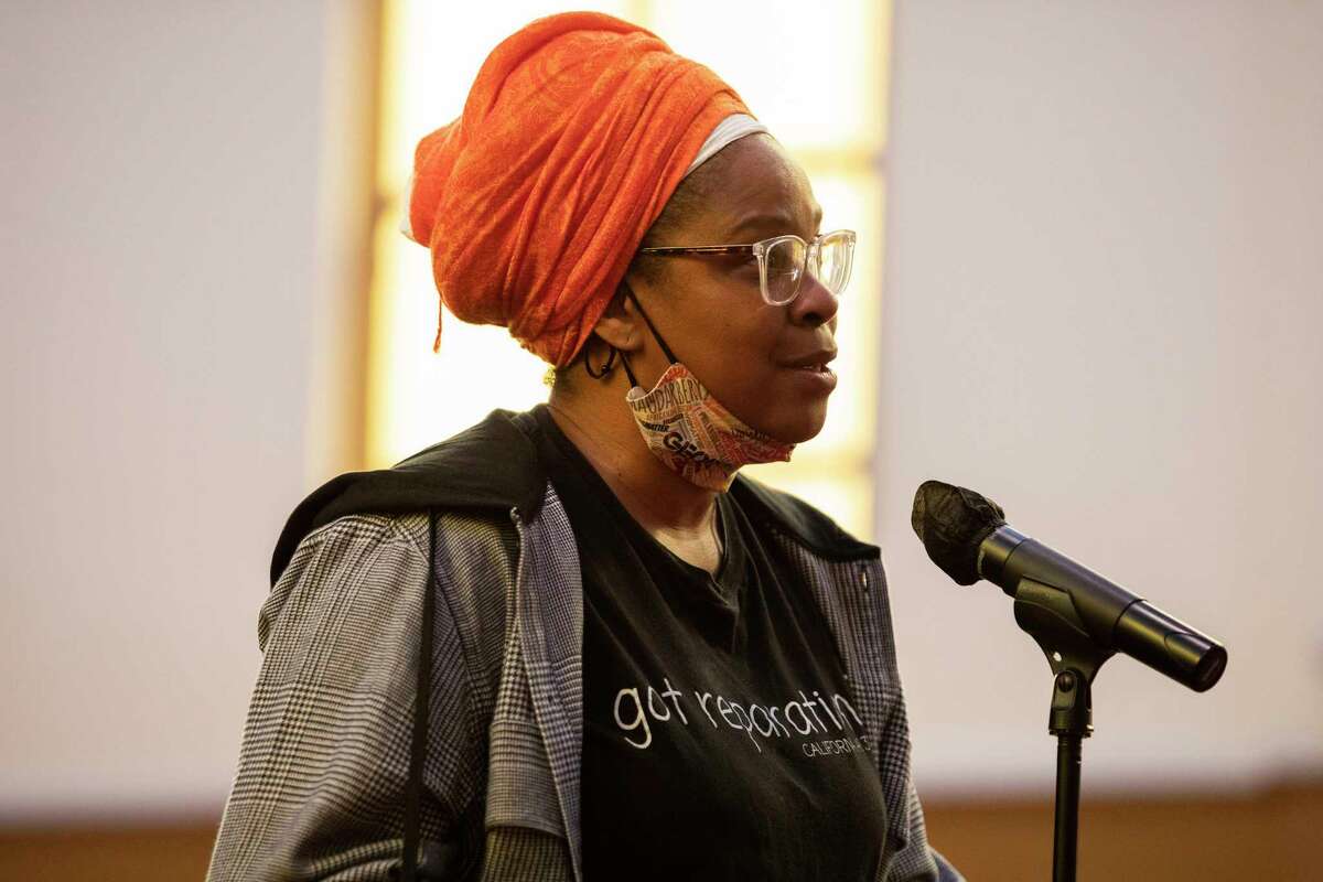 Aleta Toure — of the organization Got Reparations? — speaks to California’s Reparations Task Force at Third Baptist Church in San Francisco’s Fillmore neighborhood in April 2022. 