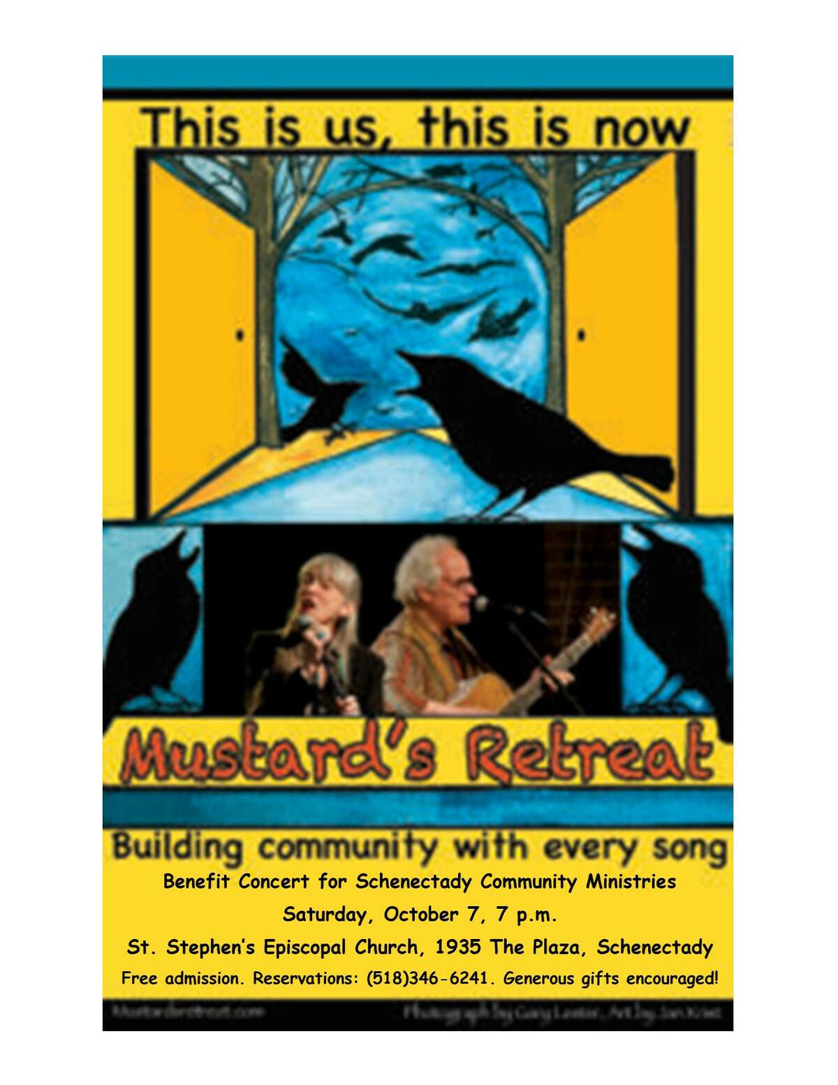 On Saturday, Oct. 7, songwriting/folk duo David Tamulevich and Libby Glover, also known as Mustard's Retreat, will perform a St. Stephen’s Episcopal Church, 1935 The Plaza, Schenectady, to benefit Schenectady Community Ministries.