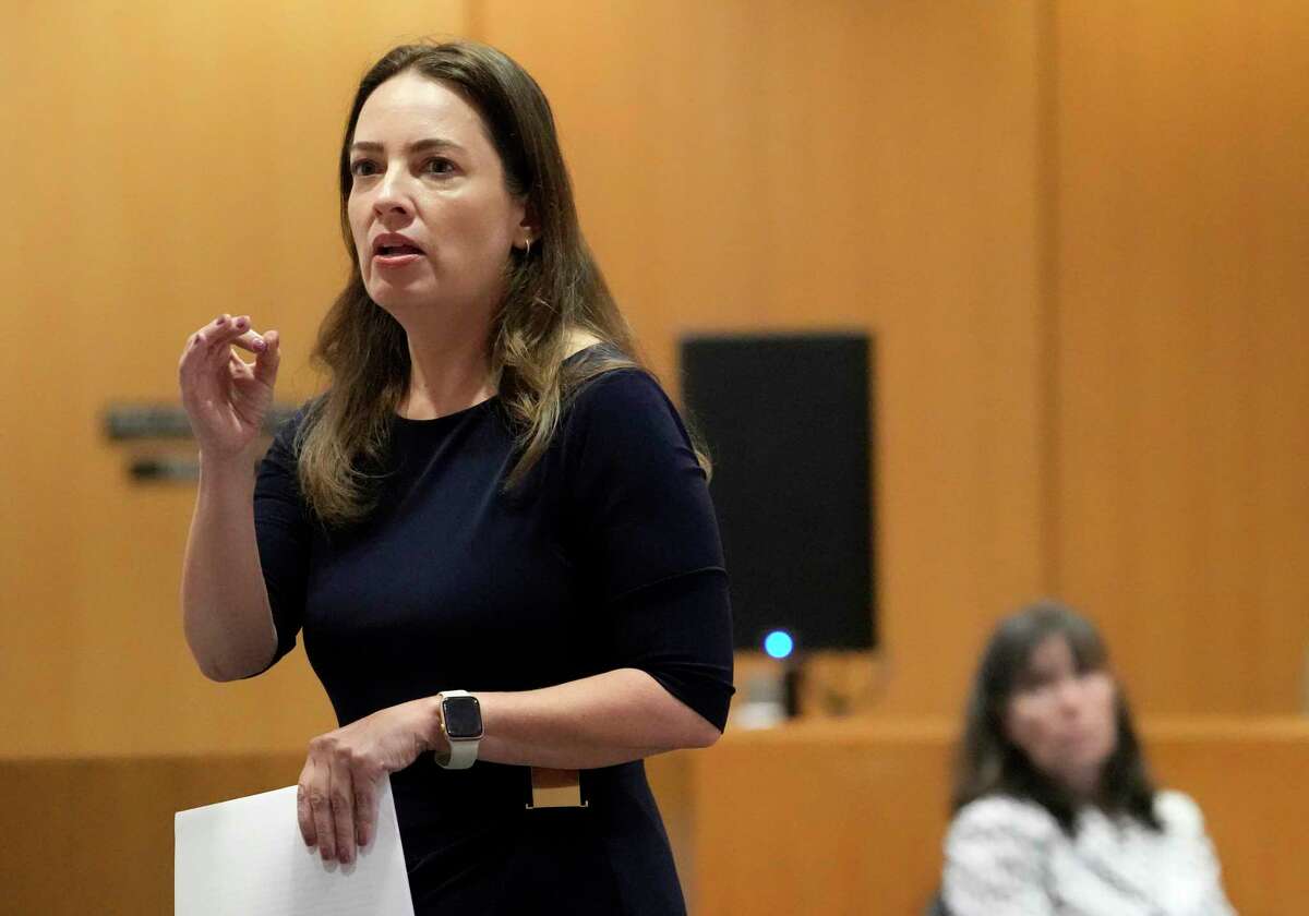 Angela Weltin, defense attorney, speaks during closing arguments in the trial of Bethaniel Jefferson Tuesday, Sept. 12, 2023, in Houston. Jefferson, who was a dentist lost her license after 4-year-old Nevaeh Hall suffered a serious brain injury during a dental procedure. Bethaniel Jefferson was charged in 2017 with injury to a child in connection with the 2016 incident.