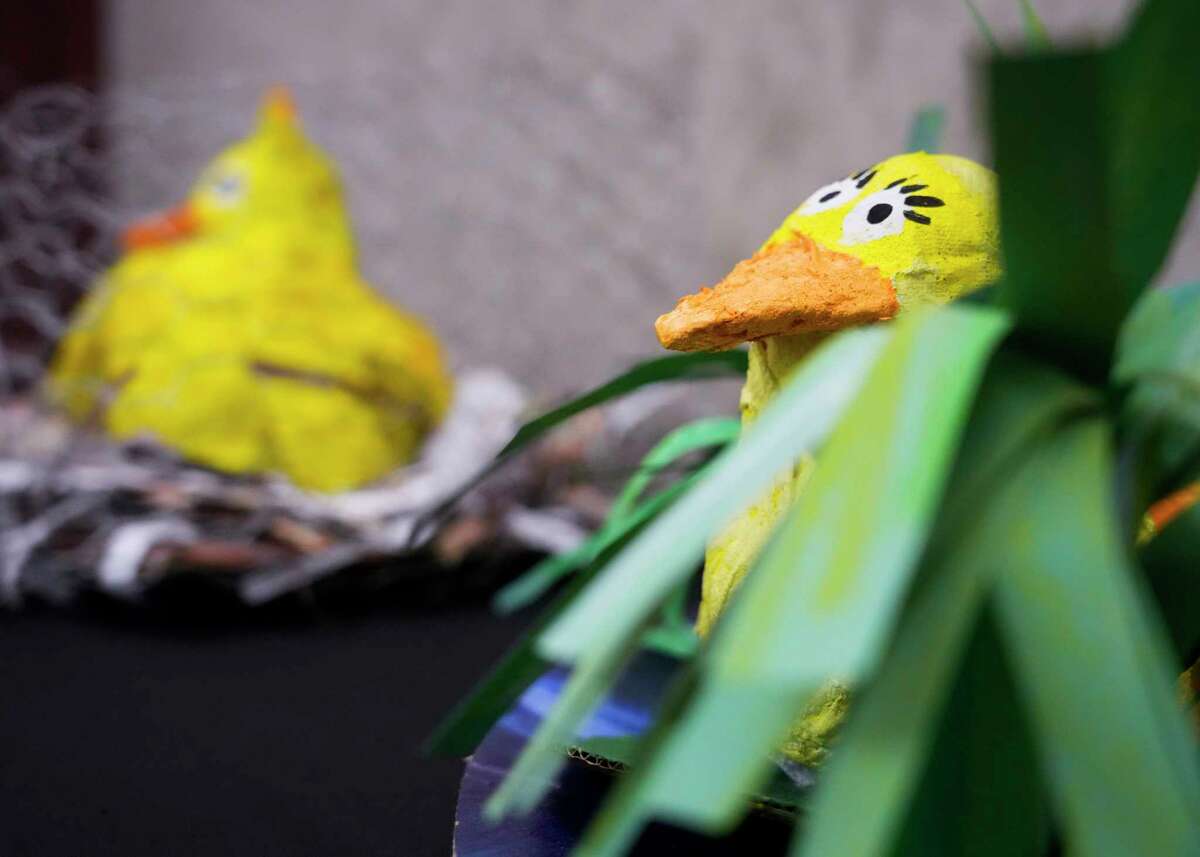Ford Elementary fourth grade student Madison Payne’s piece entitled “The Chicken Coup Masterpiece “ is seen alongside more than 300 pieces of student art at the Deane L. Sadler Administration Building, Tuesday, Sept. 12, 2023, in Conroe. The art, which features paintings, sculptures and other mediums from kids in grades kindergarten through 12th grade, will be on display in the building from Sept. 15 through August 2024.