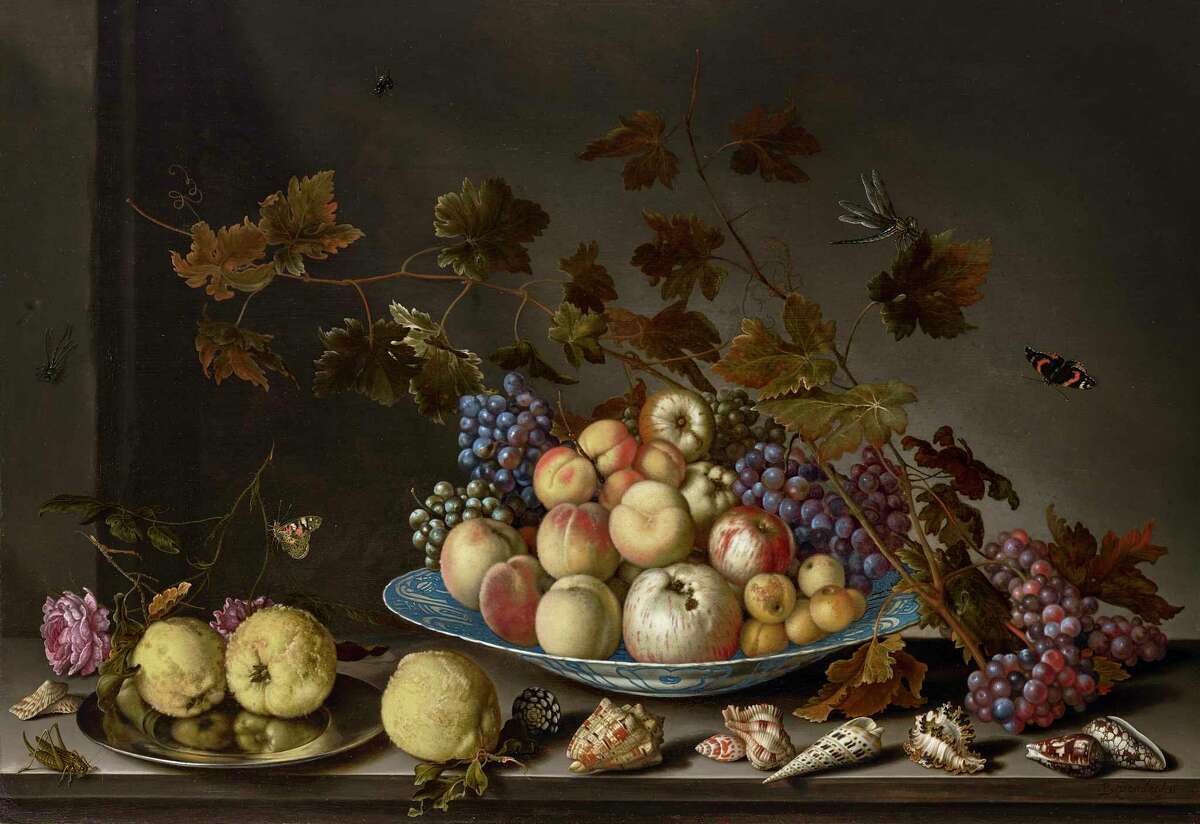 balthasar van der Ast, "Fruit in a crack porcelain dish with quince, roses, shells and insects."