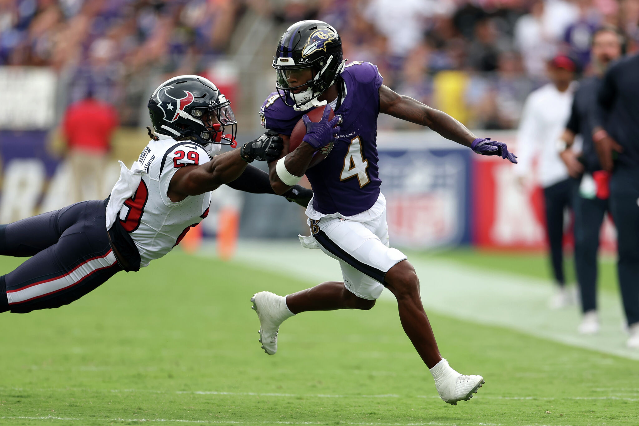 Fabs watch during the second half of an NFL football game between the  Baltimore Ravens and the Houston Texans at M&T Bank Stadium Sunday, Sept.  10, 2023, in Baltimore. (AP Photo/Julio Cortez