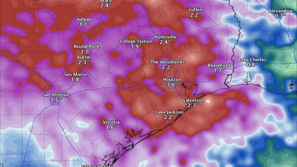 Widespread rain totals of between 2 and 3 inches are likely across Southeast Texas through this weekend. By Sunday, rain chances will become more hit-or-miss.