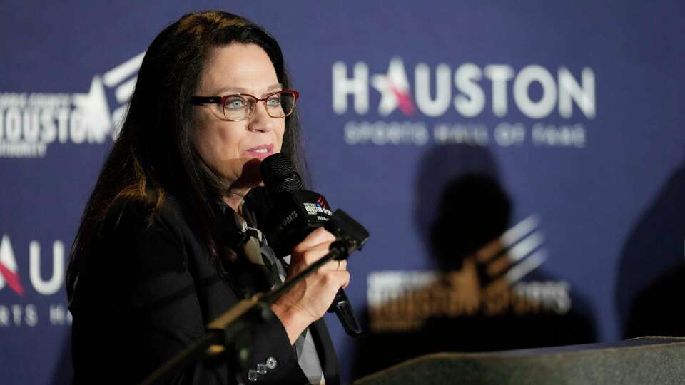 Janis Burke, CEO of the Harris County - Houston Sports Authority, speaks during the Houston Sports Hall of Fame ring ceremony and walk of fame unveiling at House of Blues, Thursday, Sept. 14, 2023, in Houston.