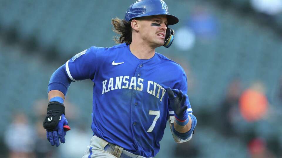 CHICAGO, ILLINOIS - SEPTEMBER 12: Bobby Witt Jr. #7 of the Kansas City Royals runs to first base after hitting a single during the eighth inning against the Chicago White Sox at Guaranteed Rate Field on September 12, 2023 in Chicago, Illinois.