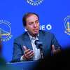 Golden State Warriors Co-Executive Chairman & CEO Joe Lacob speaks during an introductory press conference for general manager Mike Dunleavy Jr. in San Francisco, California Monday, June 19, 2023.