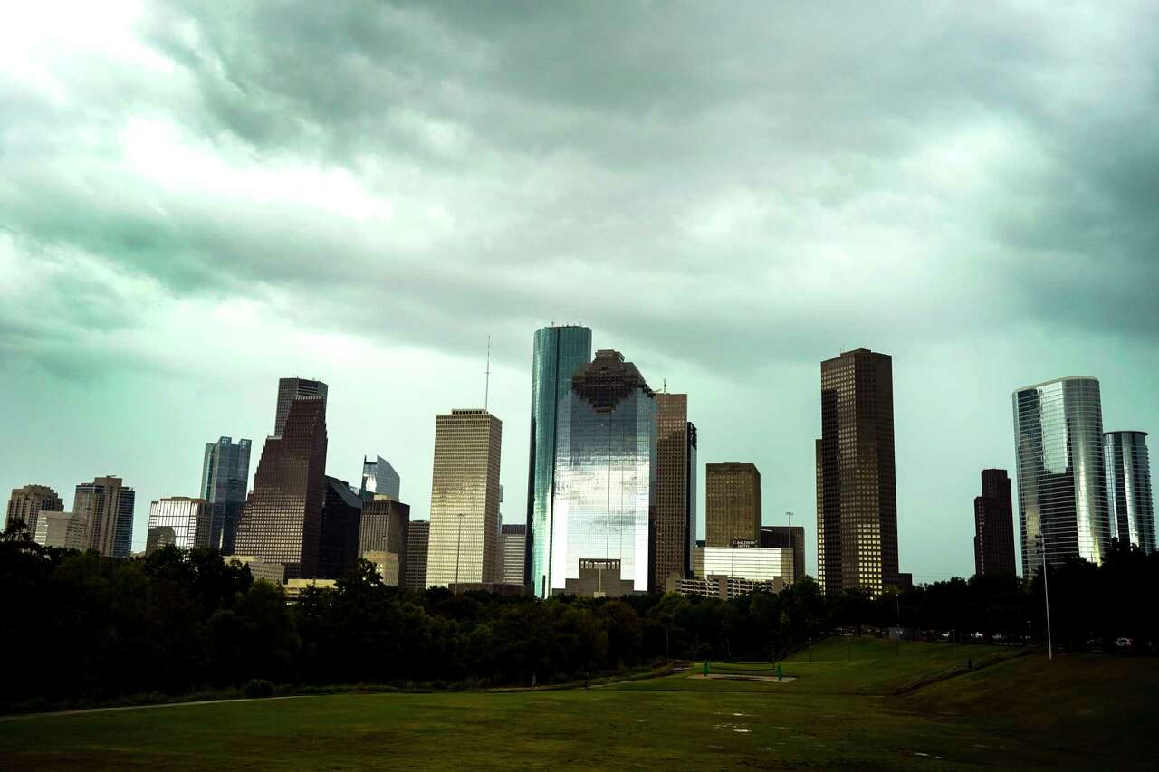 Storm clouds over the downtown skyline on Friday, Sept. 15, 2023 in Houston.