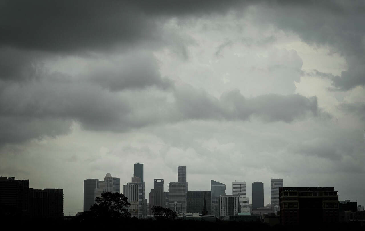 After a couple months with very little rainfall, Houston finally received significant rain over the last week. Pictured is a stormy Houston skyline in May 2022.