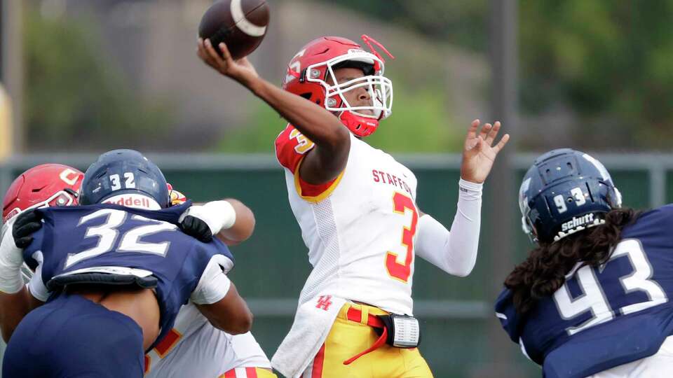 Stafford quarterback Kamare Shorts (3) passes the ball against Lamar Consolidated during the first half of their non-district high school football game held Trayler Stadium Saturday, Sept. 16, 2023 in Rosenberg, TX.