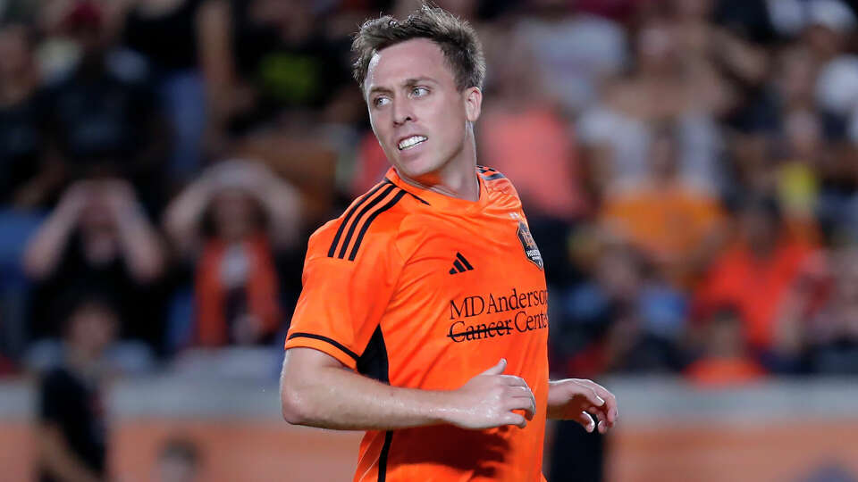 Houston Dynamo forward Corey Baird during the second half of a U.S. Open Cup soccer semifinal soccer match against Real Salt Lake Wednesday, Aug. 23, 2023, in Houston. (AP Photo/Michael Wyke)