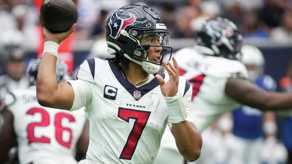 Houston Texans quarterback C.J. Stroud (7) throws a pass during the second half of an NFL football game Sunday, Sept. 17, 2023, in Houston.