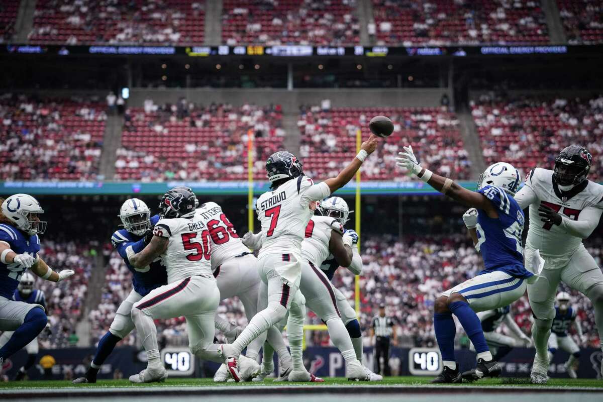 Indianapolis Colts tight end Kylen Granson (83) celebrates leaving the  field following an NFL football game against the Houston Texans in Houston,  Sunday, Sept. 17, 2023. The Colts defeated the Texans 31-20. (