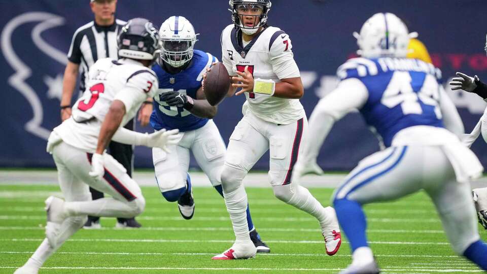 Houston Texans quarterback C.J. Stroud (7) drops back to pass against the Indianapolis Colts during the second half an NFL football game Sunday, Sept. 17, 2023, in Houston.