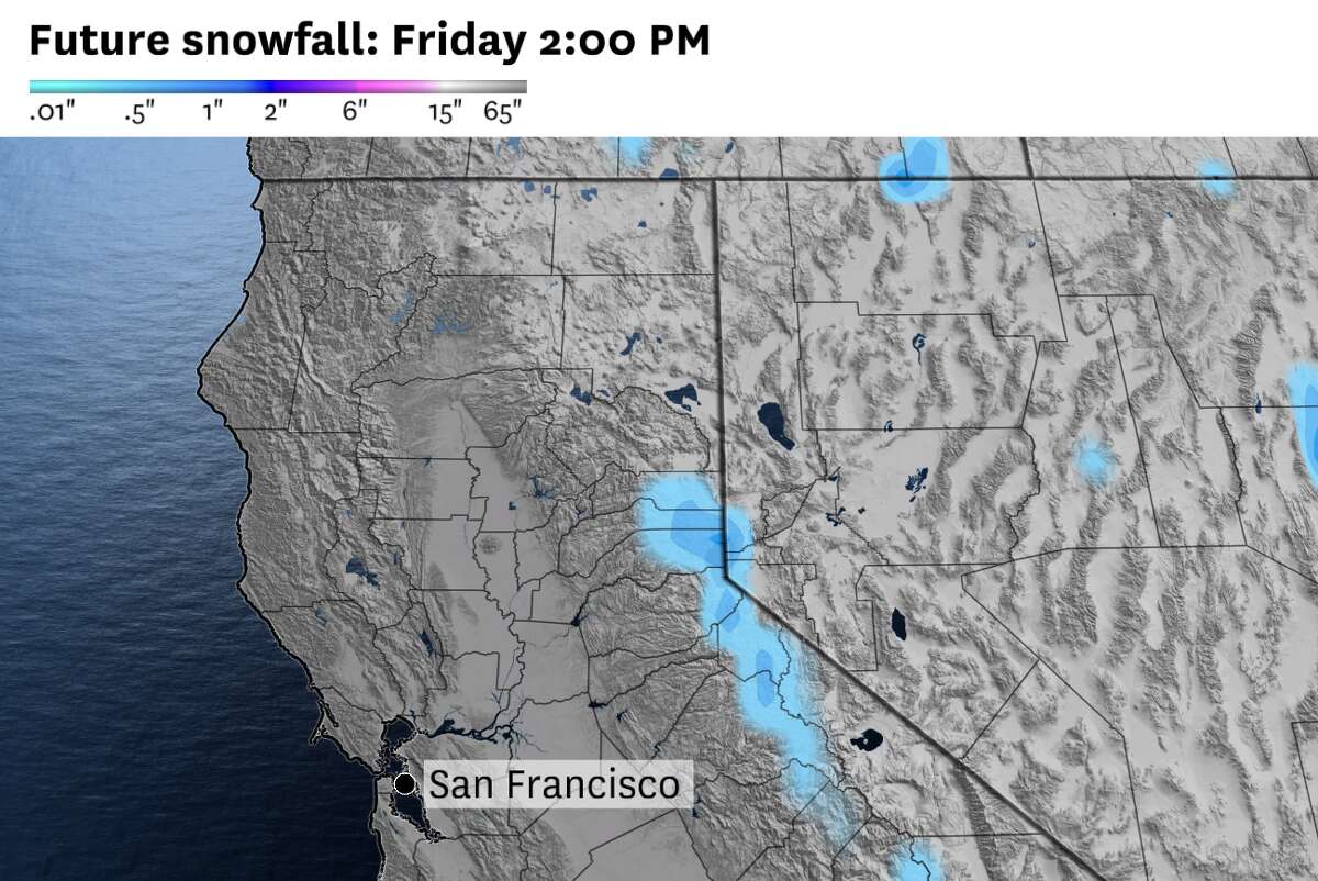 A US weather model expects snow to fall in the Sierra highlands on Thursday evening.