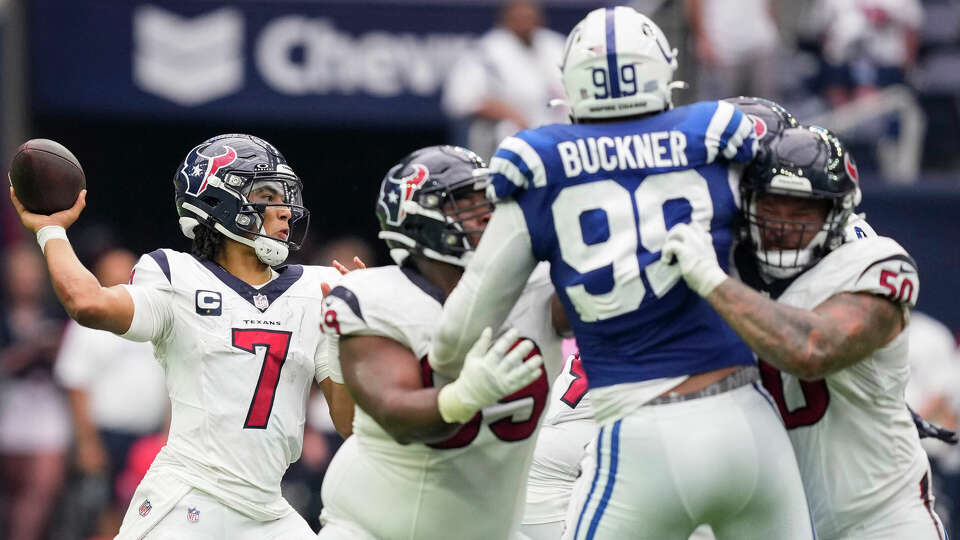 Houston Texans quarterback C.J. Stroud (7) passes against the Indianapolis Colts during the second half an NFL football game Sunday, Sept. 17, 2023, in Houston.