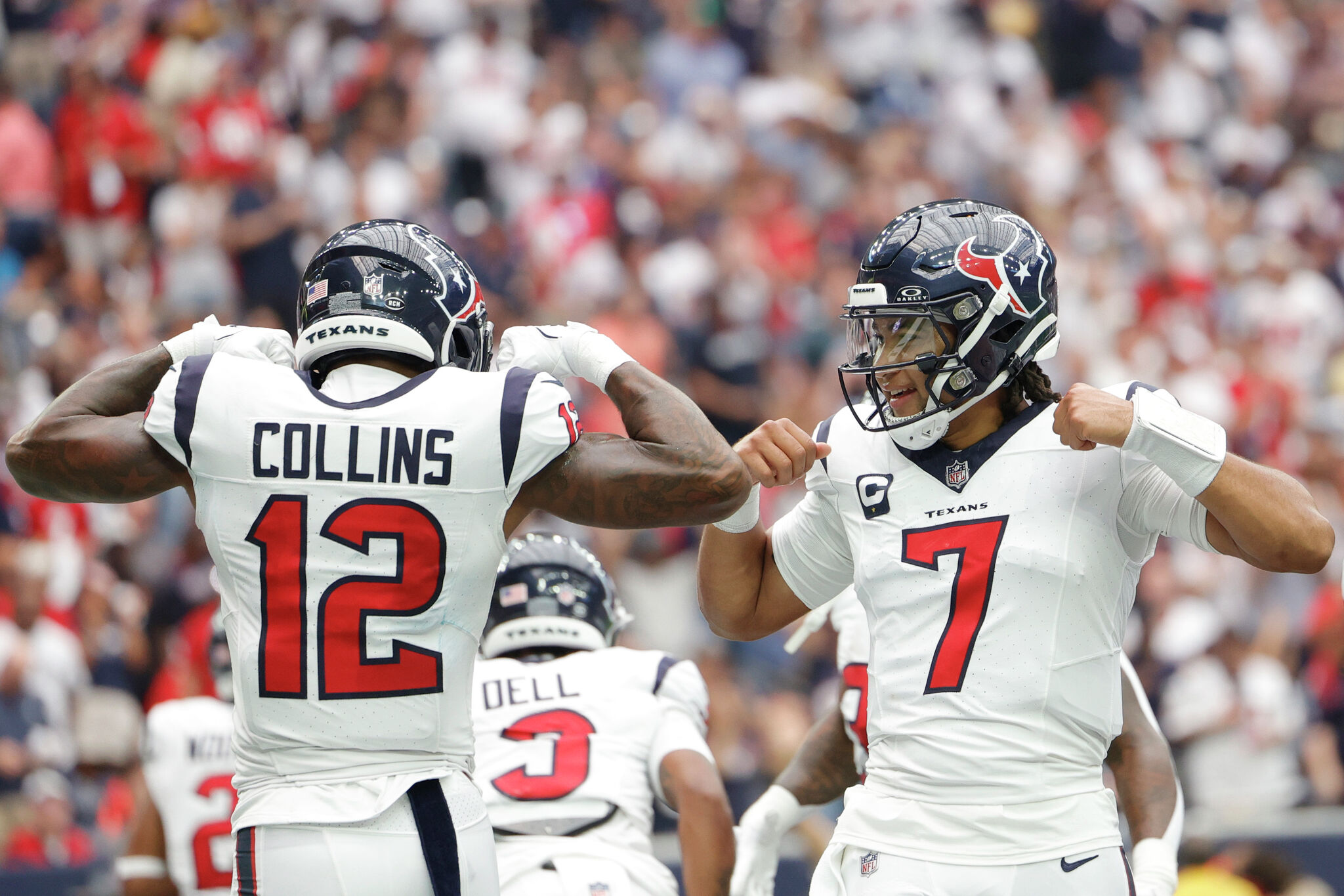 Houston, Texas, USA. September 17, 2023: Texans quarterback C.J. Stroud (7)  looks to pass the ball during an NFL game between the Texans and the Colts  on September 17, 2023 in Houston.