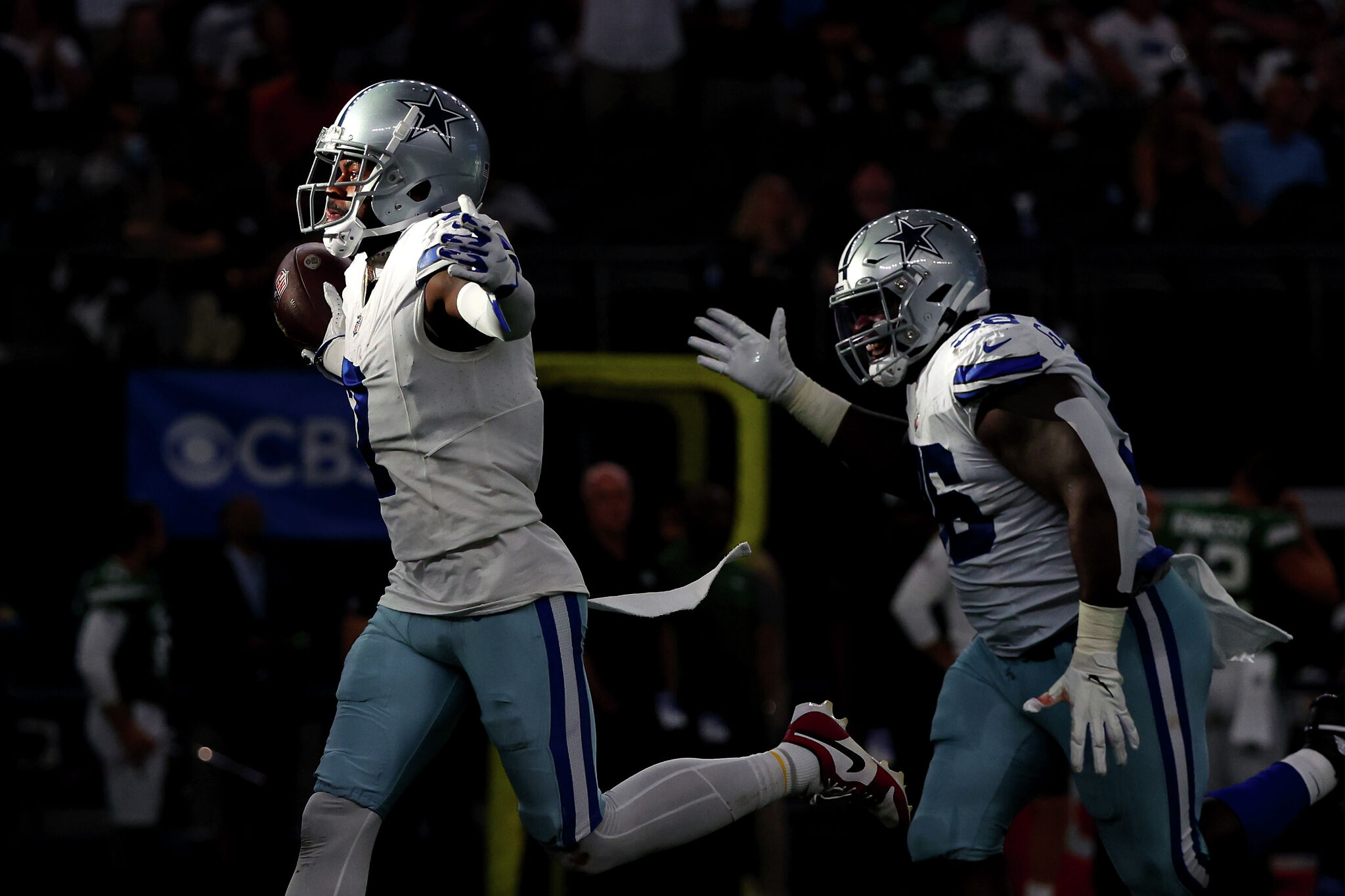 The Dallas Cowboys celebrate an interception by Trevon Diggs of the News  Photo - Getty Images