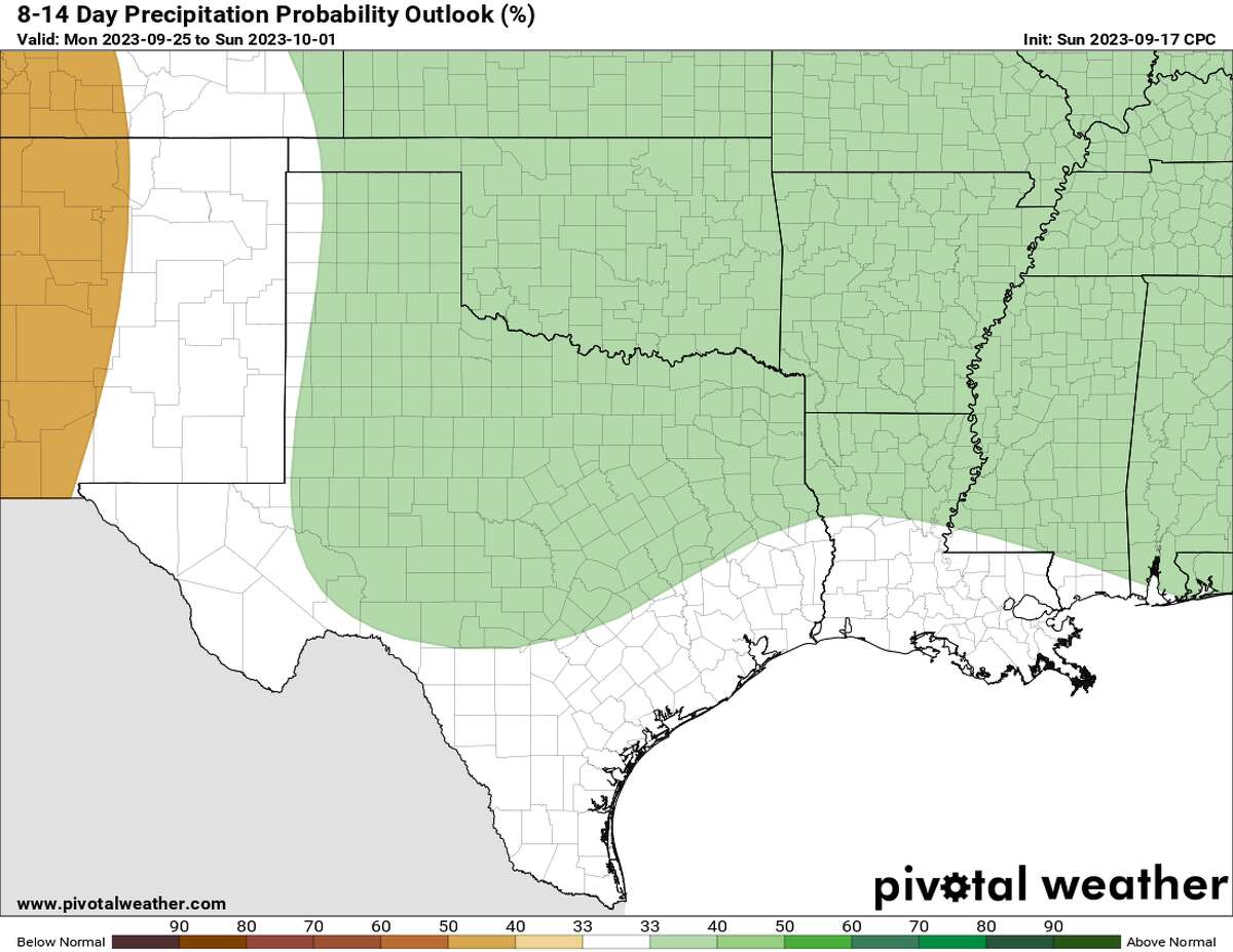 The forecast through early October calls for slightly rainy times for parts of the Lone Star State. Rainfall chances are expected to be near average near southeast Texas and Houston.