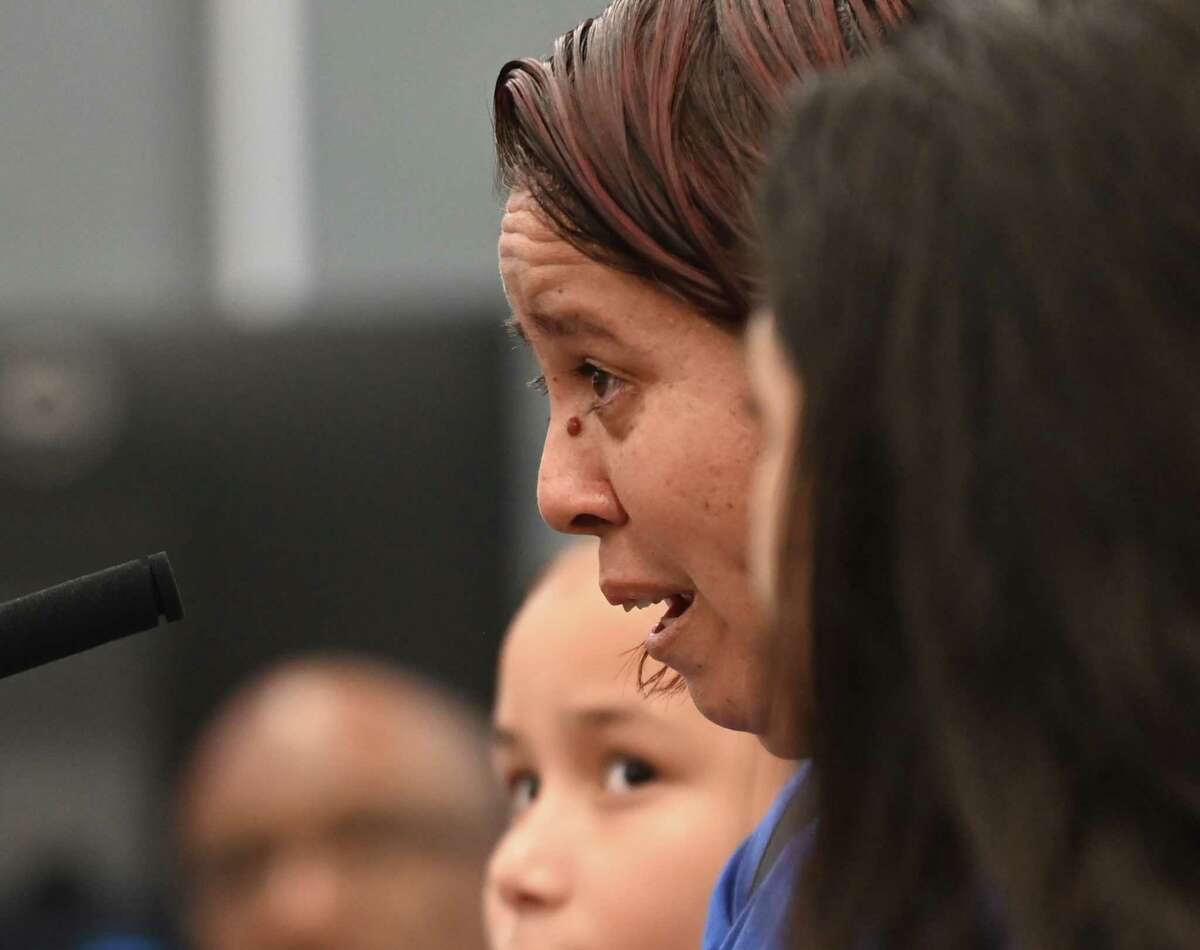 Maricela Palao who has kids, some with special needs, in SAISD schools, pleads with board members to not close schools during a meeting at which likely school closings were revealed on Monday, Sept. 18, 2023. The proposal, after community meetings and potential tweaks, will be voted on by trustees on November 13.