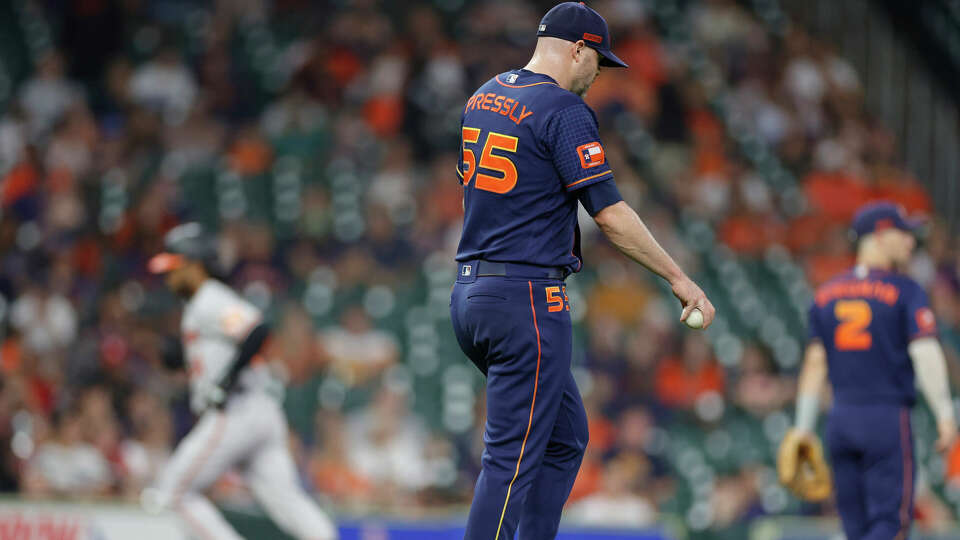 Ryan Pressly #55 of the Houston Astros gives up a three run hoke run to Cedric Mullins #31 of the Baltimore Orioles during the ninth inning at Minute Maid Park on September 18, 2023 in Houston, Texas. (Photo by Carmen Mandato/Getty Images)