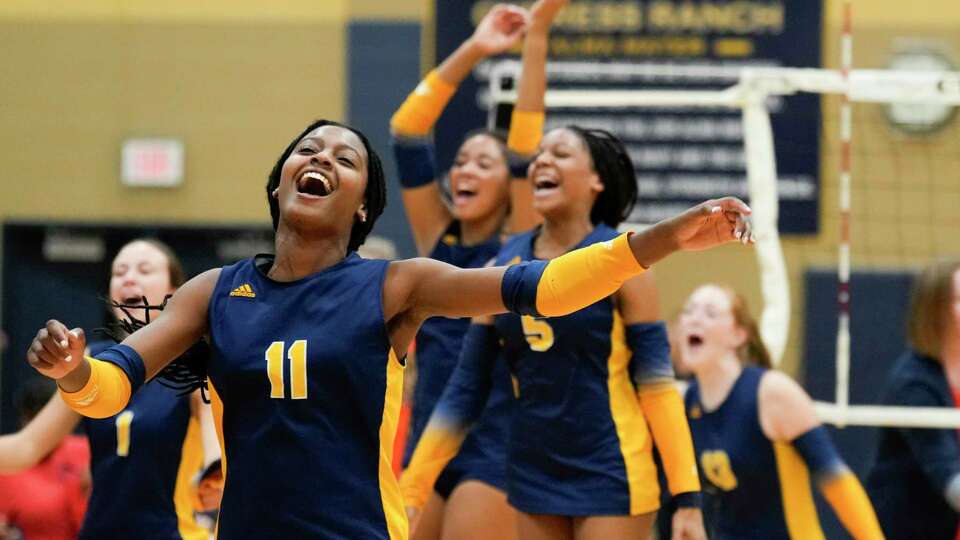 Cypress Ranch setter Taryn Gilreath (11) celebrates after the team's straight-set sweep over Bridgeland after their District 16-6A high school volleyball match at Cypress Ranch High School, Tuesday, Sept. 19, 2023, in Cypress.