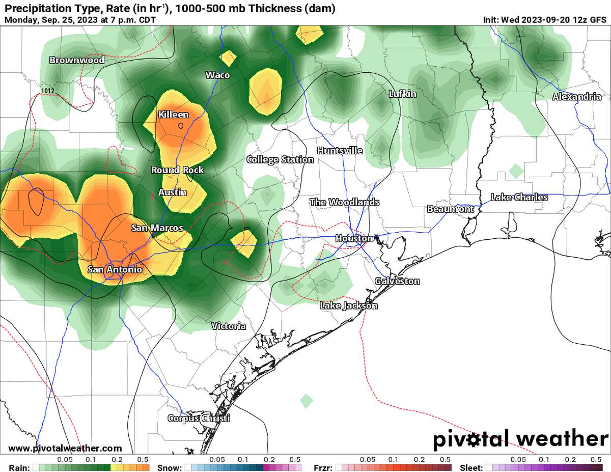 One weather forecast model suggests that storms will arrive in Southeast Texas by Monday evening. This is only one model run, so specific timing of Monday’s storm chances will come into better focus by the end of the weekend.